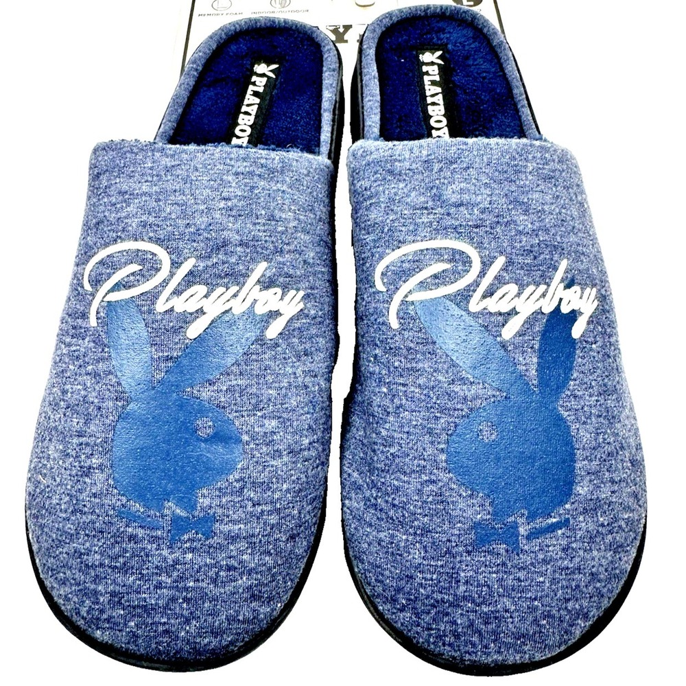 Playboy Bunny Slippers Mens Size Large Blue Memory Foam Indoor Outdoor NWT Y2K